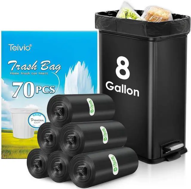 Main image of Teivio Medium Black Trash Bags 8 Gallon 70 Count Kitchen Garbage Bags