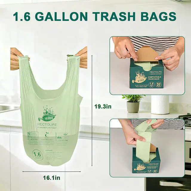 Alt view image 2 of 7 - HECTOLIFE 1.6 Gallon 100 Count Compostable Bags Handle Tie