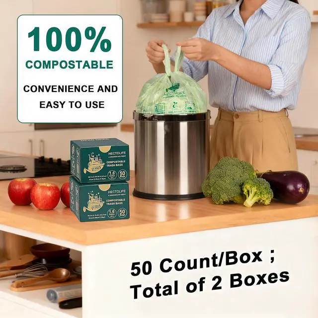 Alt view image 5 of 7 - HECTOLIFE 1.6 Gallon 100 Count Compostable Bags Handle Tie