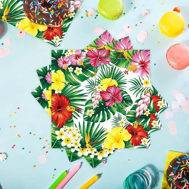 Alt view image 4 of 7 - 50 Pcs Hawaiian Luau Napkins 6.5 x 6.5 inch, Tropical Hibiscus Floral Paper Napkins Disposable Holiday Beverage Cocktail Napkins for Summer Pool BBQ Beach Picnic Party Decorations