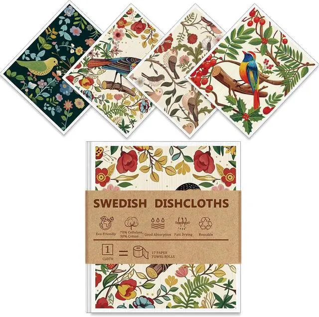 Main image of Swedish DishclothsReusable Paper Towels for Kitchen, 4 Pack, Birds Flowers