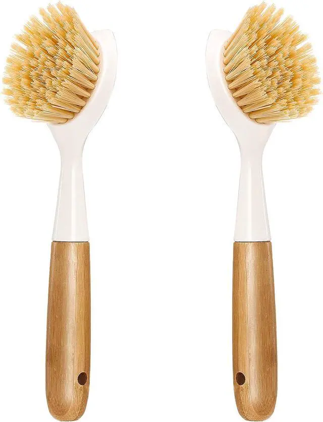 Main image of 2 Pack Kitchen Dish Brush Bamboo Handle Dish Scrubber Built-in Scraper