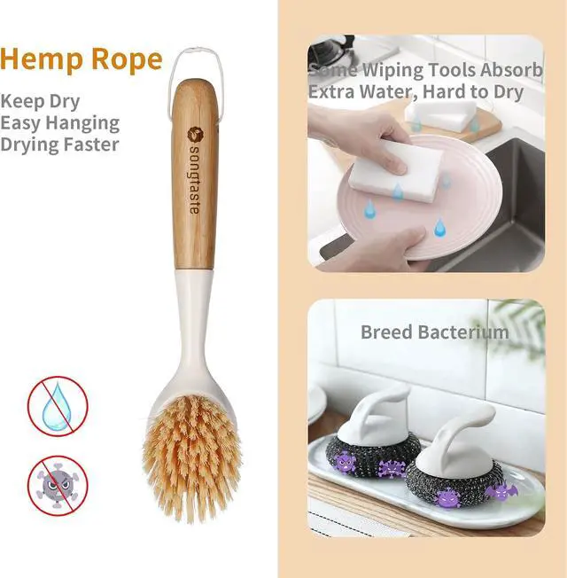 Alt view image 2 of 7 - 2 Pack Kitchen Dish Brush Bamboo Handle Dish Scrubber Built-in Scraper