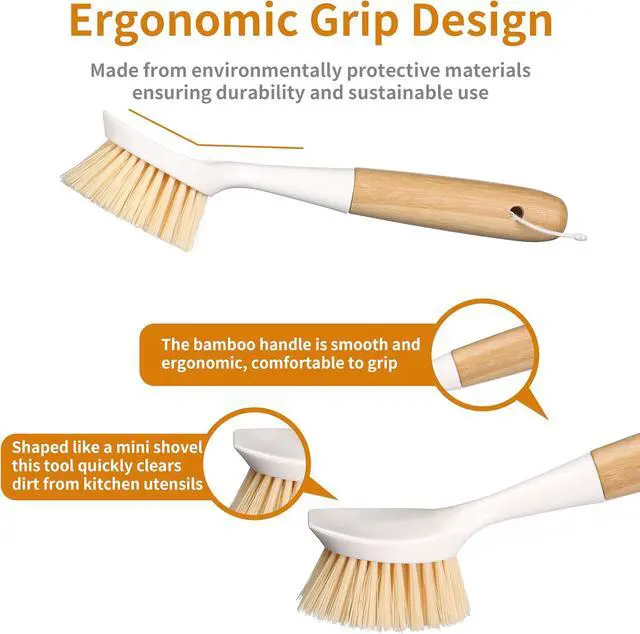 Alt view image 4 of 7 - 2 Pack Kitchen Dish Brush Bamboo Handle Dish Scrubber Built-in Scraper