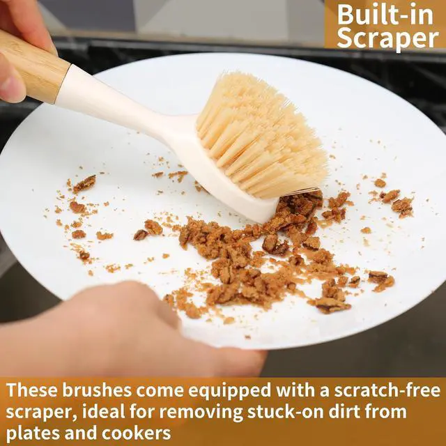 Alt view image 5 of 7 - 2 Pack Kitchen Dish Brush Bamboo Handle Dish Scrubber Built-in Scraper