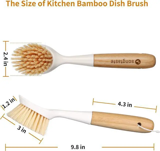 Alt view image 6 of 7 - 2 Pack Kitchen Dish Brush Bamboo Handle Dish Scrubber Built-in Scraper