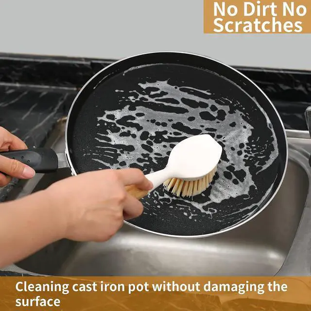 Alt view image 7 of 7 - 2 Pack Kitchen Dish Brush Bamboo Handle Dish Scrubber Built-in Scraper
