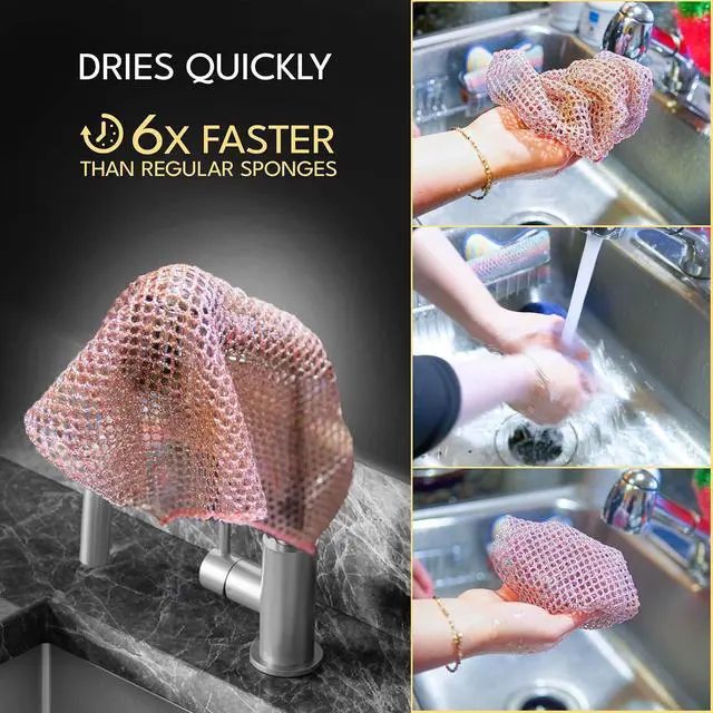 Alt view image 6 of 7 - Non-Scratch Dish Scrubbers (3 Pcs) Outlasts 7+ Sponges, Stays Odor-Free | Replace Smelly Kitchen Sponges | Non-Absorbent Mesh | Safe on Non-Stick, Cast Iron, Glass | Made in Korea Since 2012