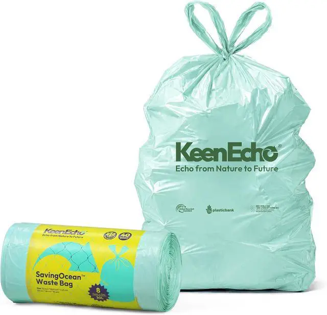 Main image of 8 Gallon 40 Counts Small Green Trash Bags with Handle, Ocean Fishing Nets Upcycling, Sage & Sea Salt Scented, Plastic Garbage Bags, Waste Bag for Bathroom, Kitchen, Office and Pets