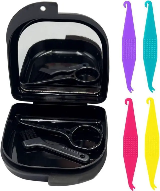 Main image of Oral Care Disassembly Kit/7pcs Including 1 Retainer Case with Mirror and Vent Holes | 1 Aligner Remover Tool | 4 Elastic Rubber Bands Placers | 1 Cleaning Brush (Black)