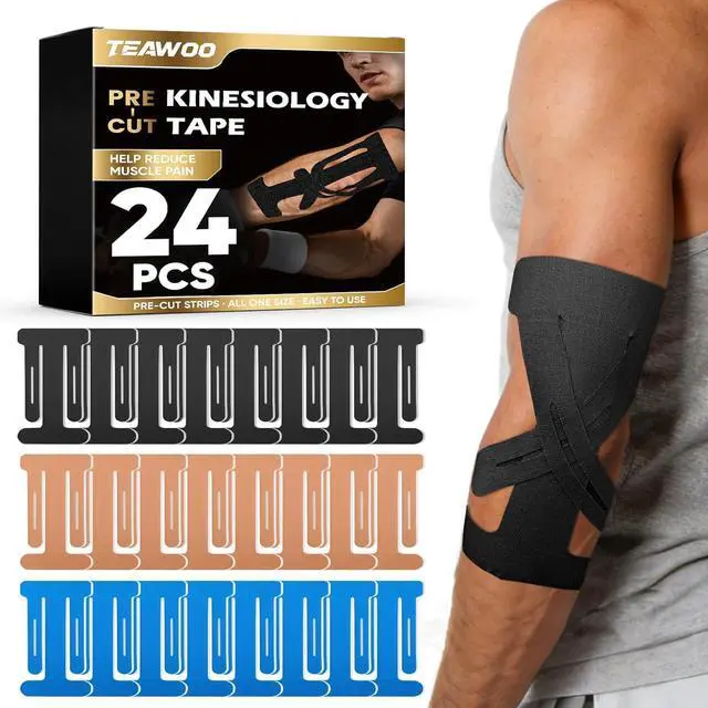 Main image of TEAWOO Precut Kinesiology Tape for Elbow, 24Pcs, Waterproof Breathable Athletic Tape, Enhanced Adhesion & Elasticity, Elbow Pain Relief Support for Sports & Daily Use