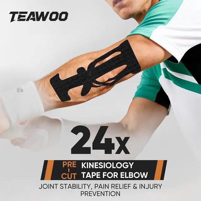 Alt view image 7 of 7 - TEAWOO Precut Kinesiology Tape for Elbow, 24Pcs, Waterproof Breathable Athletic Tape, Enhanced Adhesion & Elasticity, Elbow Pain Relief Support for Sports & Daily Use