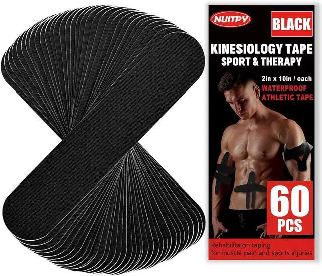 Main image of 60 Pcs Black Precut Kinesiology Tape Strips, 2in x 10in Kinetic Tape