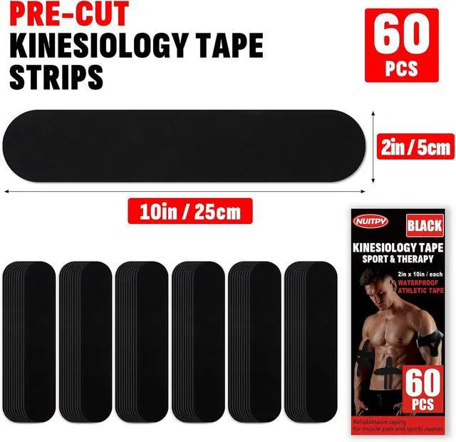 Alt view image 2 of 7 - 60 Pcs Black Precut Kinesiology Tape Strips, 2in x 10in Kinetic Tape