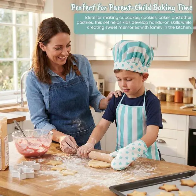 Alt view image 7 of 7 - Kid Apron and Chef Hat Set, 3Pcs Children Cooking Baking Set Kits