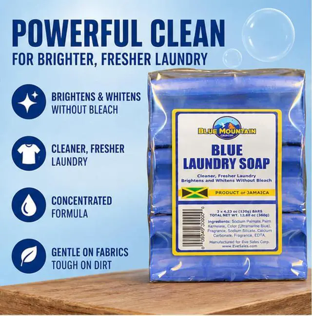 Alt view image 5 of 7 - Blue Mountain Country Blue Laundry Soap, Product of Jamaica 3 Pack (4.23 oz Each), Concentrated Formula, Brightens & Whitens Without Bleach, Cleaner & Fresher Laundry
