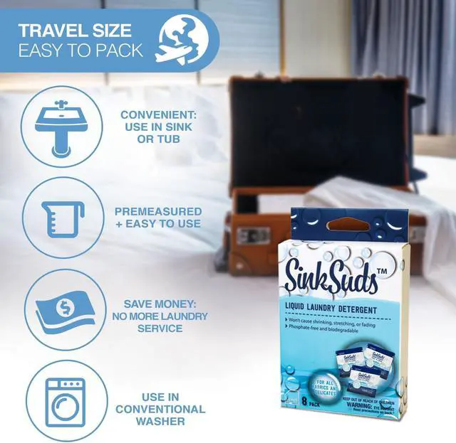 Alt view image 3 of 6 - SinkSuds Laundry Detergent, Travel Size Liquid Soap, TSA Compliant, Safe For All Fabrics, 8 Packets (Packaging May Vary)