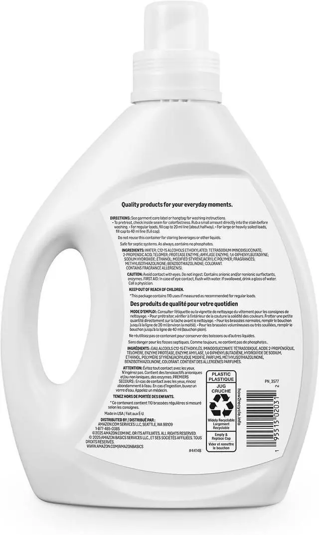 Alt view image 6 of 6 - Amazon Basics Concentrated Liquid Laundry Detergent, Clean Linen, 110 loads, 82.5 Fl Oz, Packaging May Vary
