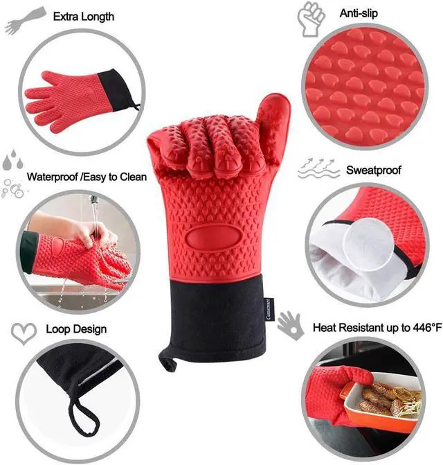 Alt view image 2 of 7 - Comsmart BBQ Gloves, Heat Resistant Silicone Grilling Gloves, Long Waterproof BBQ Kitchen Oven Mitts with Inner Cotton Layer for Barbecue, Cooking, Baking, Smoker(Red)