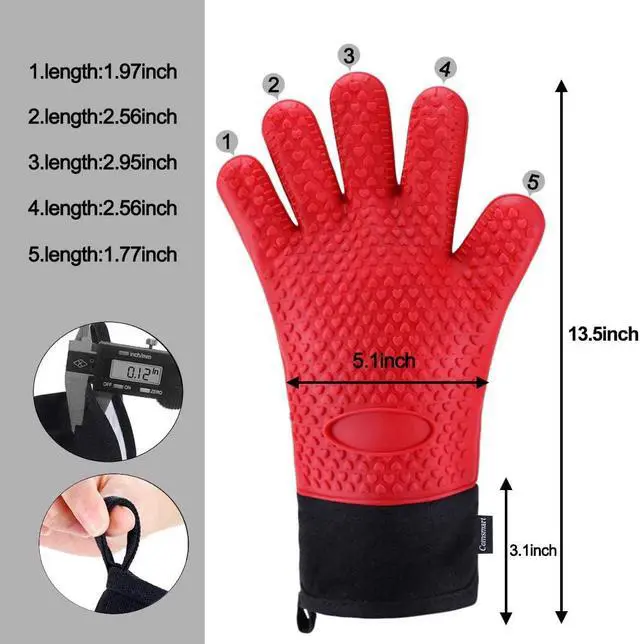 Alt view image 4 of 7 - Comsmart BBQ Gloves, Heat Resistant Silicone Grilling Gloves, Long Waterproof BBQ Kitchen Oven Mitts with Inner Cotton Layer for Barbecue, Cooking, Baking, Smoker(Red)