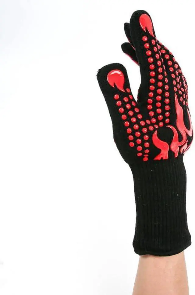 Alt view image 4 of 7 - Heat Resistant BBQ Gloves, 1472°F Grilling Gloves with Silicone Non-Slip Grip, Long Cuff Oven Gloves for Barbecue, Cooking, Baking, Smoker, Fryer and Kitchen Use, 1 Pair (Red)