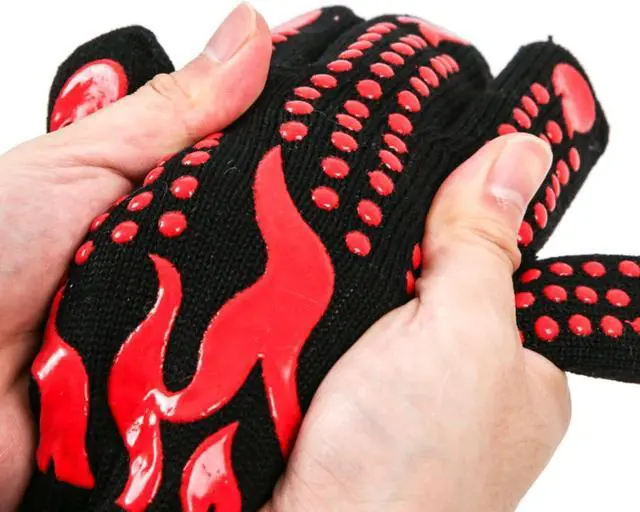 Alt view image 5 of 7 - Heat Resistant BBQ Gloves, 1472°F Grilling Gloves with Silicone Non-Slip Grip, Long Cuff Oven Gloves for Barbecue, Cooking, Baking, Smoker, Fryer and Kitchen Use, 1 Pair (Red)