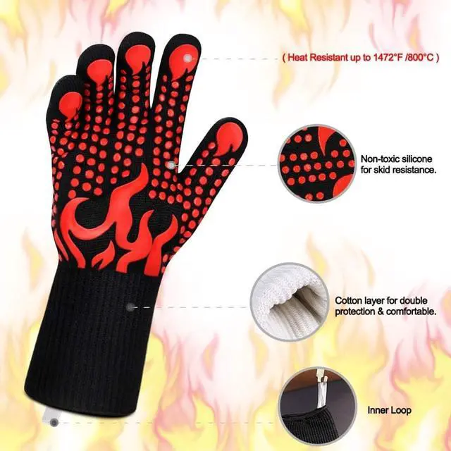 Alt view image 6 of 7 - Heat Resistant BBQ Gloves, 1472°F Grilling Gloves with Silicone Non-Slip Grip, Long Cuff Oven Gloves for Barbecue, Cooking, Baking, Smoker, Fryer and Kitchen Use, 1 Pair (Red)