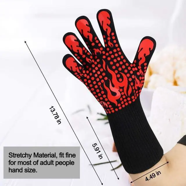 Alt view image 7 of 7 - Heat Resistant BBQ Gloves, 1472°F Grilling Gloves with Silicone Non-Slip Grip, Long Cuff Oven Gloves for Barbecue, Cooking, Baking, Smoker, Fryer and Kitchen Use, 1 Pair (Red)