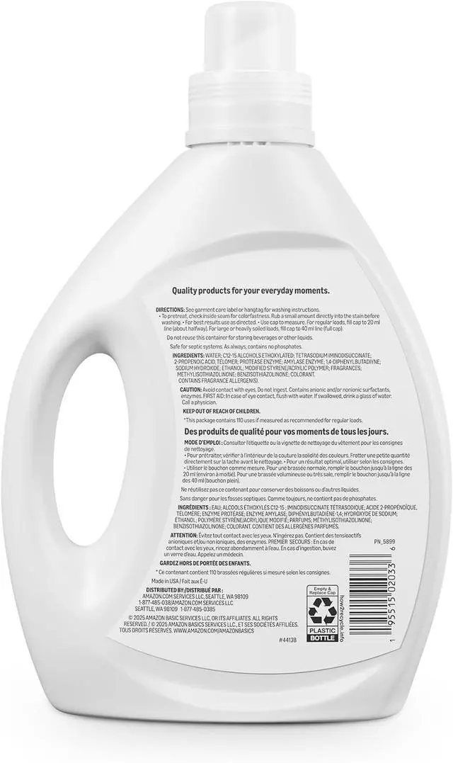 Alt view image 6 of 6 - Amazon Basics Laundry Detergent Liquid, Concentrated, Original Fresh Scent, 110 Loads, 82.5 Fl Oz, Packaging May Vary