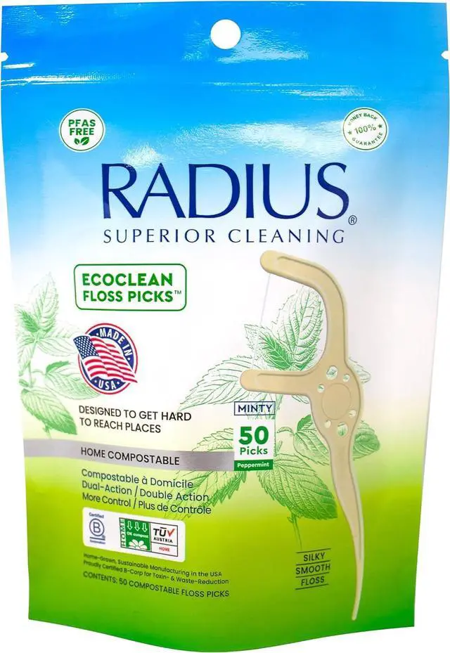 Main image of RADIUS EcoClean Floss Picks, Compostable Dental Floss Picks with Built in Toothpick, Silk and Cotton Floss, PFAS Free, Made in USA, Sweet Mint, 50 Count, Pack of 1