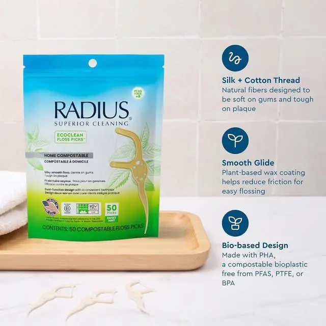 Alt view image 5 of 7 - RADIUS EcoClean Floss Picks, Compostable Dental Floss Picks with Built in Toothpick, Silk and Cotton Floss, PFAS Free, Made in USA, Sweet Mint, 50 Count, Pack of 1