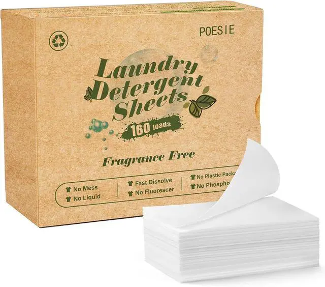 Main image of Poesie Laundry Detergent Sheets Fragrance Free Non-Plastic Precut Zero Waste 160 Count Liquidless Washing Strips for Home Dorm Travel Camping Hiking Portable