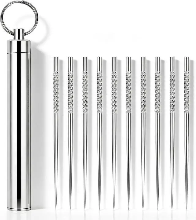Main image of 10 Pcs Reusable Metal Toothpick with Waterproof Case, Portable Stainless Steel Travel Toothpicks Keychain Holder for Camping Hiking Outdoor