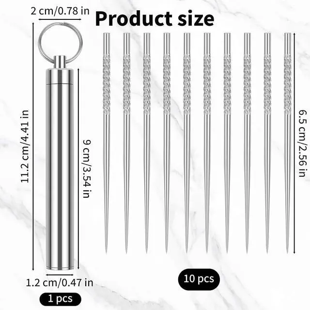 Alt view image 2 of 6 - 10 Pcs Reusable Metal Toothpick with Waterproof Case, Portable Stainless Steel Travel Toothpicks Keychain Holder for Camping Hiking Outdoor