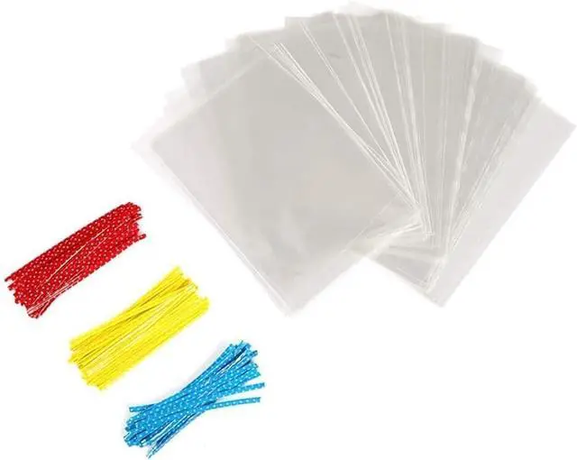 Alt view image 3 of 6 - Brandon Super Clear Flat Cello Cellophane Treat Bags 5 Inch X 7 Inch Dessert 4Mil Give Metallic Twist Ties