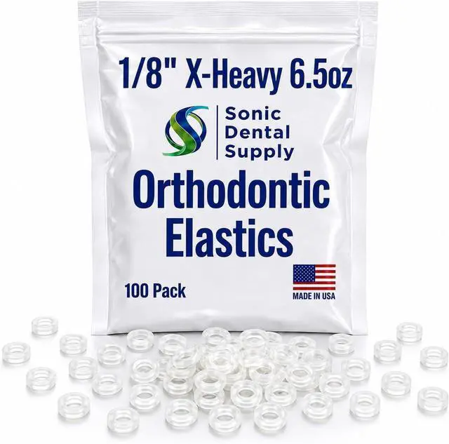 Main image of 1/8 inch X-Heavy 6.5 oz - Orthodontic Elastic Rubber Bands - 100 Pack - Clear Latex Free, Small, Braces, Dreadlocks Hair Braids, Tooth Gap, Packaging, Crafts, Sonic Dental Supply - Made in USA