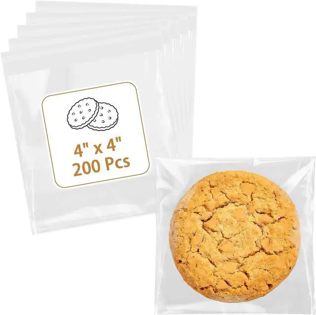Main image of Cookie Bags with Seal, 200 Pcs (4x4 Inches) Self Sealing Cellophane Bag, Individual Clear Sealable Treat Packaging for Party Favors, Baked Goods, Snacks & Candy