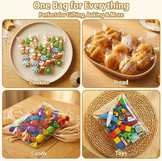 Alt view image 7 of 7 - Cookie Bags with Seal, 200 Pcs (4x4 Inches) Self Sealing Cellophane Bag, Individual Clear Sealable Treat Packaging for Party Favors, Baked Goods, Snacks & Candy