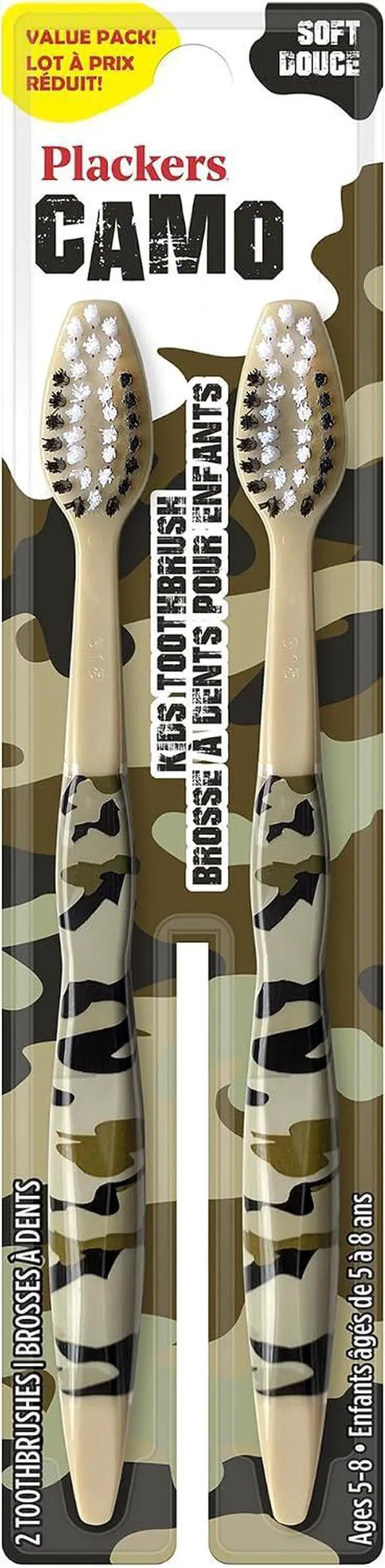 Main image of Plackers Kids Soft Toothbrush, Green Camo, Ages 5-8, 2 Count