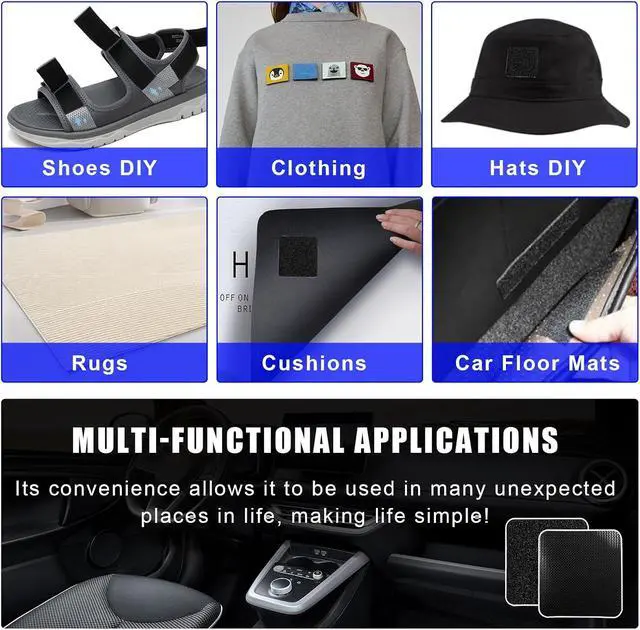 Alt view image 5 of 6 - 10 PCS Hook and Loop Mounting Strips with Adhesive, 2"×2" Heavy Duty Tape Strip, Multi-Purpose Carpet Rug Fastener Mounting Tape for Power Strip, Car Sun Visor, Floor Mat