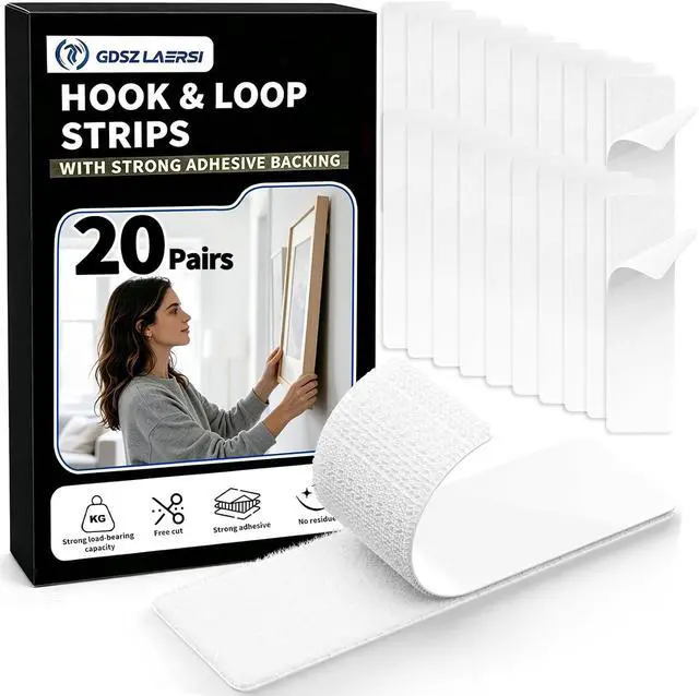 Main image of 20 Sets Double Sided Tape Heavy Duty White Hook and Loop Tape, 1x4Inch Adhesive Strips Secure Mounting for Rug Poster Artwork Mirror Hanging Couch Cushion Wall, Indoor & Outdoor Use