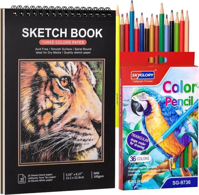 Main image of A5 Sketchbook Kit with 36 Colored Pencils, Spiral Pad, 5.8 x 8.3 in | 30 sheets, 100gsm acid-free paper, hardcover backing, perforated pages, for sketching and dry media
