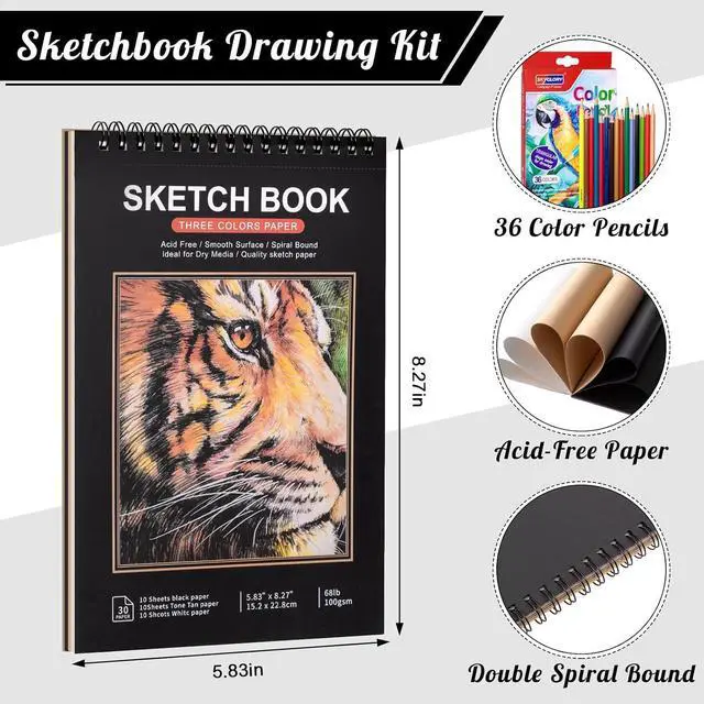 Alt view image 2 of 7 - A5 Sketchbook Kit with 36 Colored Pencils, Spiral Pad, 5.8 x 8.3 in | 30 sheets, 100gsm acid-free paper, hardcover backing, perforated pages, for sketching and dry media