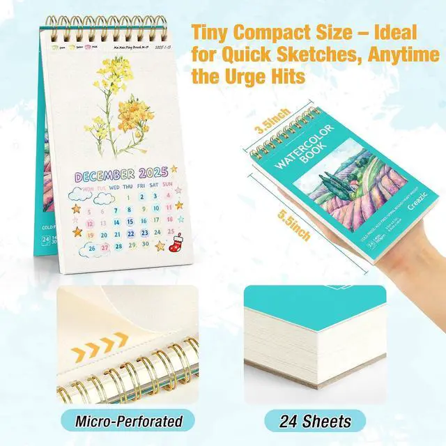 Alt view image 2 of 7 - Small Watercolor Sketchbook, 3.5" x5.5(140lb/300g), Spiral Bound with Tear Line. Artist Water Color Paper, Portable Travel Notebook for Watercolor or Quick Sketch - Ideal for Kids & Adults