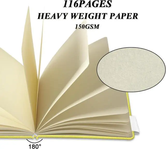 Alt view image 3 of 6 - 5" x 5" Hardcover Sketch Book,58 Sheets Small Mixed Media Pocket Sketch Pad | PU Cover,150 GSM Acid Free Artist Drawing Paper,Travel Journal Blank Notebook for Adults Sketching,Illustration.Bright Yel