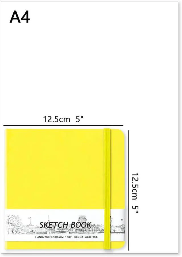 Alt view image 2 of 6 - 5" x 5" Hardcover Sketch Book,58 Sheets Small Mixed Media Pocket Sketch Pad | PU Cover,150 GSM Acid Free Artist Drawing Paper,Travel Journal Blank Notebook for Adults Sketching,Illustration.Bright Yel