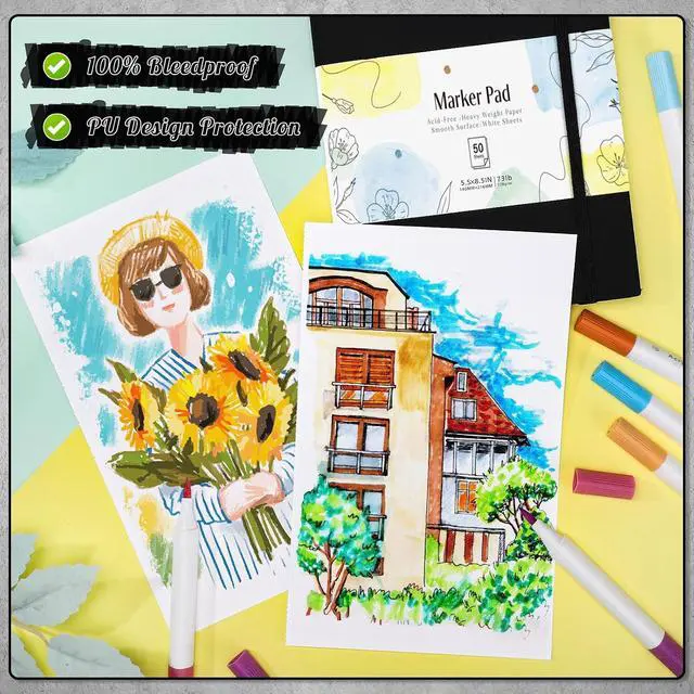 Alt view image 4 of 7 - Marker Paper Pad 5.5 × 8.5 in, 50 Sheets, Spiral Bound, 120gsm | Acid-Free Heavyweight Paper, Anti-Bleed Coating, Smooth for Alcohol Markers, Pencils And Acrylic Paint