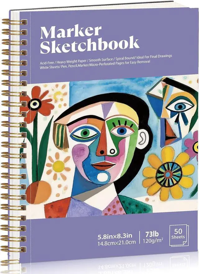 Main image of Marker Paper Sketchbook 5.8 × 8.3 in, Spiral Bound, 1 Pack | 120gsm Acid-Free Paper, Anti-Bleed Double Sided Sheets, Lays Flat, Tear-Out Pages, for Markers, Pens And Acrylics