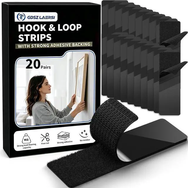 Main image of 20 Sets Double Sided Tape Heavy Duty Black Hook and Loop Tape, 1x4Inch Adhesive Strips Secure Mounting for Rug Poster Artwork Mirror Hanging Couch Cushion Wall, Indoor & Outdoor