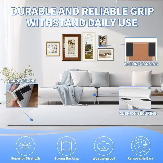 Alt view image 5 of 7 - 20 Sets Double Sided Tape Heavy Duty Black Hook and Loop Tape, 1x4Inch Adhesive Strips Secure Mounting for Rug Poster Artwork Mirror Hanging Couch Cushion Wall, Indoor & Outdoor
